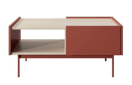Cihlově červený konferenční stolek Vellore se zásuvkami originální design snížená horní deska v dekoru dubu poskytuje originální povrchovou úpravu