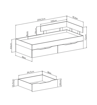 Postel se zásuvkami Epsilon 90x200 cm beton / bílá / dub moderní design lemování postele se speciální ABS dýhou