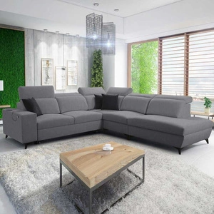 Kelly Sleek IX šedá pravá rohová pohovka s funkcí spaní elegantní rohová pohovka s pohodlnými područkami a nastavitelnými opěrkami hlavy