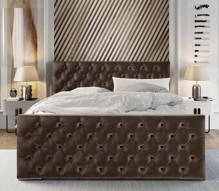 Čalouněná postel Viamao 180x200 světle hnědá s kontejnerem v moderním skandinávském stylu s prošívaným čelem a nohama