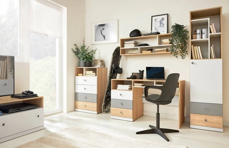 Psací stůl se zásuvkami Pixel 125 cm dub biscuit / bílá / šedá stylový a funkční do pokoje pro mládež