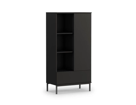 Nábytková sestava Tutti černá jednoduchá forma nástěnné skříňky na kovovém černém podstavci bezúchytkový systém otevírání push to open