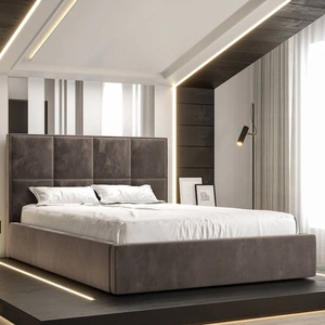 Čalouněná postel Aresa 160x200 s kontejnerem světle hnědé barvy v moderním skandinávském stylu s pohodlnou opěrkou hlavy