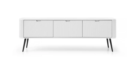 RTV skříň Zoya 168 cm bílá moderní design korpusu na kovových nohách rýhované čelo charakteristický oválný tvar