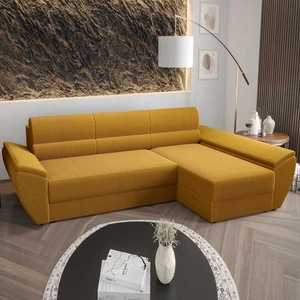 Rohová pohovka s funkcí spaní Fogu III medová pravá strana Stylová rohová pohovka s područkami a úložným prostorem na lůžkoviny manšestrová látka