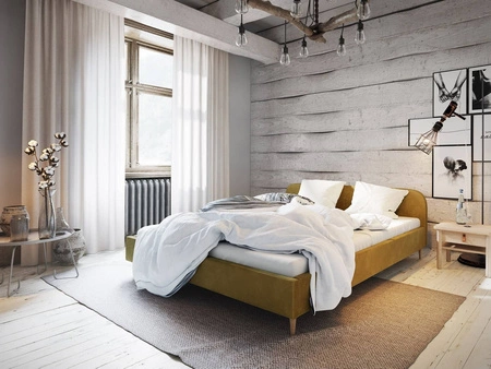 Ivrea 140x200 hořčicová čalouněná postel s čelem v moderním stylu ideální do ložnice