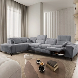 Rohová sedací souprava s funkcí spaní Penejos XI Lux šedá levostranná stylová rohová sedací souprava s pohodlným výsuvným podnožníkem