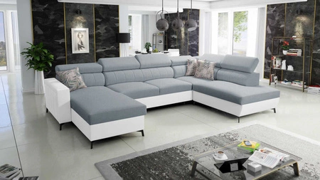 Rohová sedací souprava s funkcí spaní Savona VI arctic blue / white levá pohodlná rohová sedací souprava do obývacího pokoje se dvěma nádobami na lůžkoviny