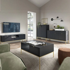 Nábytková sestava Lovro černá moderní designová nástěnná skříňka obohacená o zlaté kovové doplňky nábytek do obývacího pokoje nebo obývacího pokoje