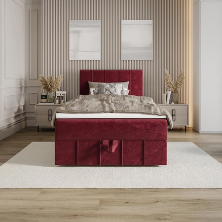 Kontinentální postel Casey 90x200 vínová v moderním skandinávském stylu s čalouněným čelem postele s úložným boxem