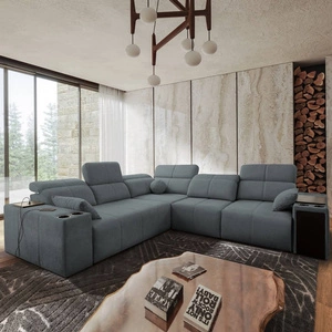 Rohová sedací souprava s funkcí spaní Tesalia III šedá pravá komfortní rohová sedací souprava s posuvným opěradlem dvě nádoby na lůžkoviny