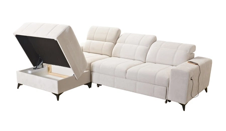 Rohová sedací souprava s funkcí spaní Penejos béžová levá elegantní rohová sedací souprava s úložným prostorem na lůžkoviny pohodlné nastavitelné opěrky hlavy