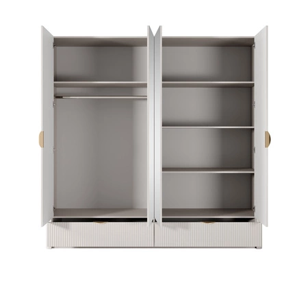 Zrcadlová šatní skříň Lante 213 cm béžová stylová šatní skříň se zásuvkami v moderním designu drážkovaná čela originální zaoblený tvar