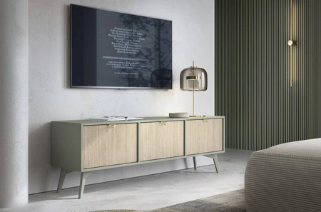 RTV skříň Wald 158 cm eukalyptus / béžová rybí kost Skandinávský design vkusný dekor rybí kosti na čelních plochách elegantní zlaté úchytky