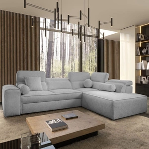 Rohová sedací souprava s funkcí spaní Viano VII světle šedá pravá moderní a stylová rohová sedací souprava s nastavitelnými opěrkami hlavy dekorativními polštáři