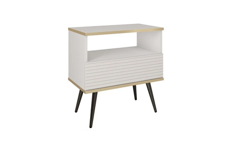 Luxusní bílý noční stolek se zásuvkou elegantní design skříňka se zlatým lemováním skříňka s rýhovaným čelem černé vysoké nohy
