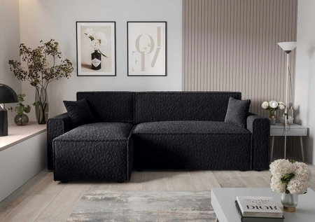 Rohová sedací souprava s funkcí spaní Brandon Bis černá levá strana měkká tkanina s charakteristickou smyčkovou povrchovou nádobou na lůžkoviny