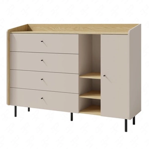 Komoda Olivio 155 cm pískově béžová / olejovaný dub ideální komoda do ložnice obývacího pokoje nebo pokoje pro mládež černé úchyty