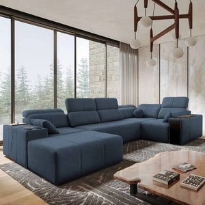 Rohová sedací souprava s funkcí spaní Tesalia IV modrá levá pohodlná rohová sedací souprava do obývacího pokoje s inovativní funkcí posuvného opěradla