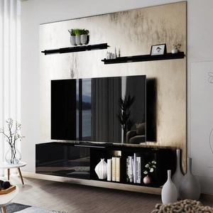 Nástěnná RTV skříňka Astros 180 cm černá / lesklá černá s policemi minimalistický a elegantní design, který se hodí do každého interiéru