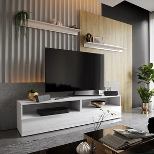 RTV skříňka Plisii 172 cm bílá / bílý lesk se závěsem a policemi stylový design, který se hodí do každého interiéru