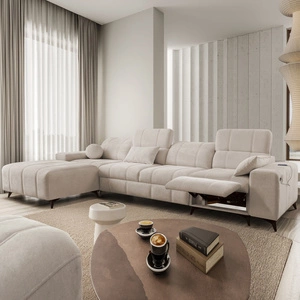 Rohová rozkládací pohovka s funkcí spaní Penejos XII Lux béžová levá stylová rohová rozkládací pohovka s pohodlnou výsuvnou opěrkou nohou