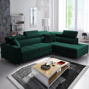 Rohová sedačka s funkcí spaní Nausa III láhev zelená pravá strana sametová pohodlná rohová sedačka nastavitelné opěrky hlavy nádoba na lůžkoviny