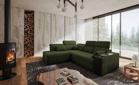 Rohová sedací souprava s funkcí spaní Tesalia VII zelená levá moderní design pohodlný posuvný opěrák zásuvka v boku nábytku
