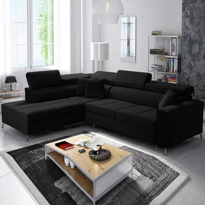 Rohová sedačka s funkcí spaní Nausa III černá levá sametová stylová pohodlná rohová sedačka nastavitelné opěrky hlavy kontejner na lůžkoviny