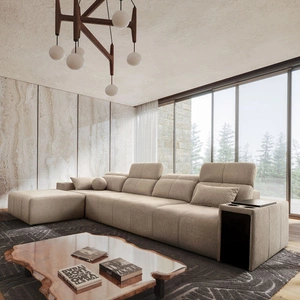 Rohová sedací souprava s funkcí spaní Tesalia XII béžová levá moderní design pohodlný posuvný opěrák zásuvka v boku nábytku