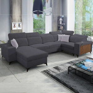 Rohová sedací souprava s funkcí spaní Kelly IV grafitová levá opletená pohodlná rohová sedací souprava nastavitelné opěrky hlavy boční čalounění s lištami