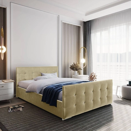 Čalouněná postel Alford 180x200 béžová s kontejnerem v moderním skandinávském stylu s prošívaným podhlavníkem a podnožkou s krystaly