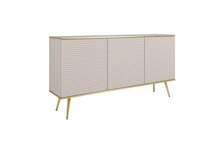 Luxusní komoda 160 cm béžová elegantní design stylová drážkovaná čela korpus komody doplněný zlatým lemováním zlaté kovové nohy