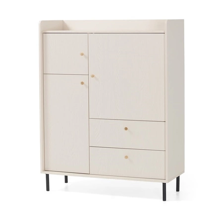 Nábytková sestava Ferdi béžová písková minimalistický design nástěnných skříněk do obývacího pokoje zlaté úchytky korpusy přesahující linii stolových desek