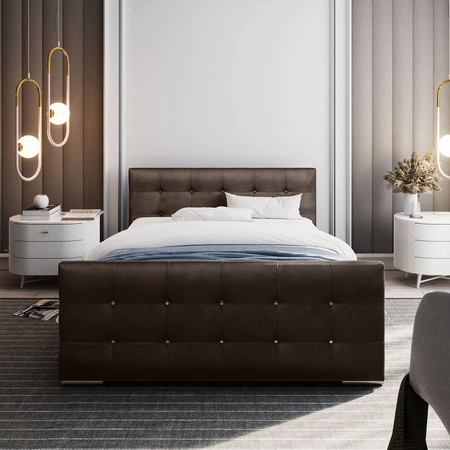 Čalouněná postel Alford 180x200 světle hnědá s úložným prostorem v moderním skandinávském stylu s prošívaným čelem a nohama s povrchovou úpravou krystaly