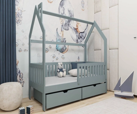 Dřevěná postel Timon 70x160 cm šedá moderní design dětský domeček postel z masivního borovicového dřeva prostorné zásuvky
