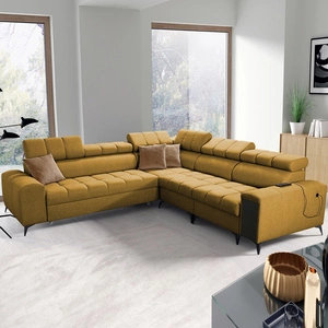 Rohová sedací souprava s funkcí spaní Bolmso III hořčice pravá rohová sedací souprava s kontejnery na lůžkoviny s plnovýsuvnou zásuvkou v bočnici