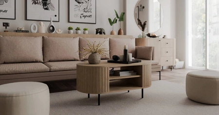 Konferenční stolek Ovalio dub cremona designová oválná konstrukce dekorativní frézování stolu na stabilních kovových nohách