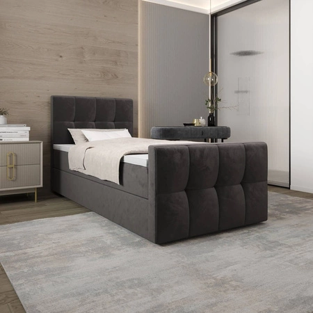 Šedá kontinentální postel Manhattan 100x200 v moderním skandinávském stylu s čalouněným čelem a nohou postele s úložným boxem
