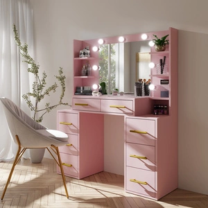 Toaletní stolek Adel 110 cm pudrově růžová s LED osvětlením toaletní stolek se zrcadlem v glamour stylu prostorné zásuvky kovové úchyty