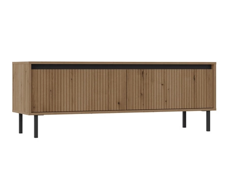 Nástěnná skříňka Osaka dub evoke / černá minimalistický design podtržený módními barvami vysoké kovové černé nohy vkusné rýhované čelo