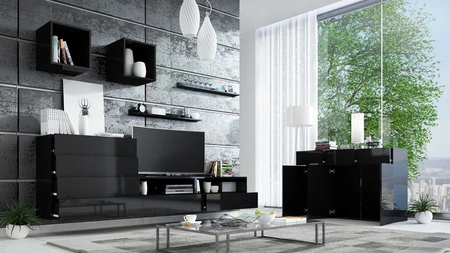 Nábytková sestava Psaru černá / černý lesk Moderní designová nástěnná skříňka do obývacího pokoje nebo obývacího pokoje s vysoce lesklými čely