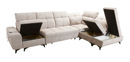 Rohová pohovka s funkcí spaní Buffalo XI hnědá pravostranná stylová rohová pohovka se třemi přihrádkami na lůžkoviny velurová tkanina