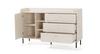 Komoda Ferdi 154 cm pískově béžová elegantní komoda do obývacího pokoje se zlatými kovovými úchyty vysoké okraje horní desky