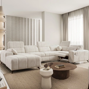 Rohová pohovka s funkcí spaní Penejos IV Lux krémová levá stylová rohová pohovka s pohodlnou výsuvnou podnožkou