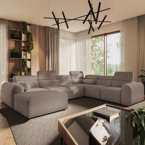 Rohová pohovka s funkcí spaní Cantare VIII tmavě béžová levá strana vkusná rohová sedací souprava s polohovatelnými opěrkami hlavy nádoby na lůžkoviny