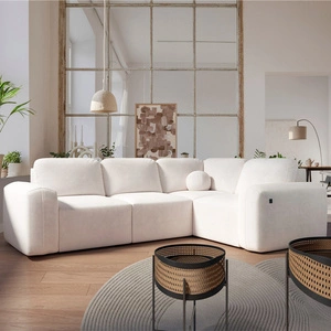 Rohová sedací souprava s funkcí spaní Arbon II pravý roh krémové barvy stylový design výrazný zaoblený tvar nádoba na lůžkoviny