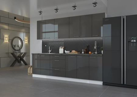Sada kuchyňského nábytku Milo 260 cm lesklá čela unikátní design skříněk se hodí do interiéru každé kuchyně