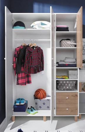 Šatní skříň Beja 120 cm bílá / dub artisam / šedá ideální do pokoje pro mládež použitelná a prostorná má moderní design