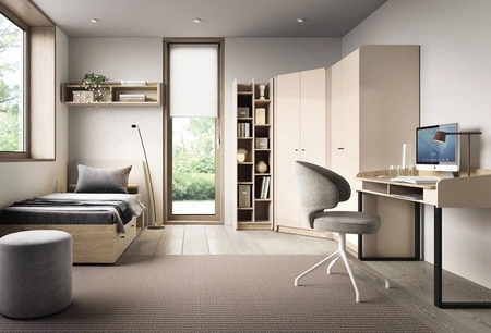 Rohová skříň Olivio 145 cm pískově béžová / olejovaný dub moderní design povrchová úprava ABS a černé úchytky